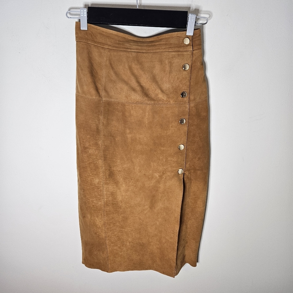 Karen Millen Suede Midi Skirt Tobacco Brown Gold Buttons Women's 4